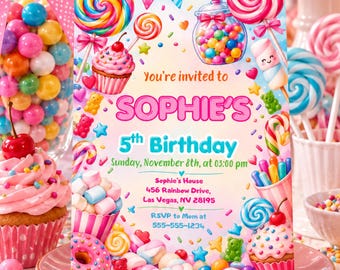 Peut inclure: Une carte d'invitation d'anniversaire rectangulaire ornée de bonbons, cupcakes et sucettes colorés. Le texte indique : You're invited to SOPHIE'S 5th Birthday, Sunday, November 8th, at 03:00 pm, Sophie's House, 456 Rainbow Drive, Las Vegas, NV 28195, RSVP to Mom at 555-555-1234.