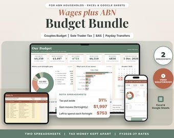 Couples Budget and Sole Trader Tax Spreadsheet Australia Bundle, Fortnightly Budget Planner, ABN BAS GST Tracker, Excel Google Sheets