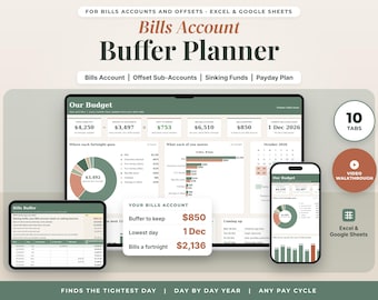 Budget Spreadsheet Australia, Bills Account Buffer, Offset Sub-Account Buckets, Fortnightly Budget Planner, Payday Plan, Excel Google Sheets