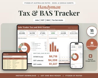 Handyman Tax and BAS Spreadsheet Australia FY2026-27, Sole Trader Tax Spreadsheet, Odd Jobs GST Tracker, Tax Set Aside, Excel Google Sheets