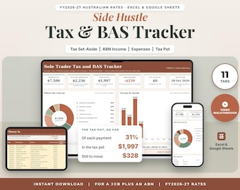 Sole Trader Tax Spreadsheet Australia FY2026-27, Side Hustle ABN Tax Set Aside, BAS and GST Tracker, Dashboard, Excel Google Sheets