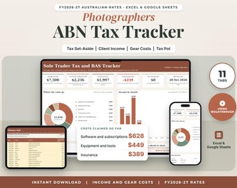 Photographer Tax Spreadsheet Australia FY2026-27, Sole Trader Tax Spreadsheet, Photography ABN Income and Gear Costs, Excel Google Sheets