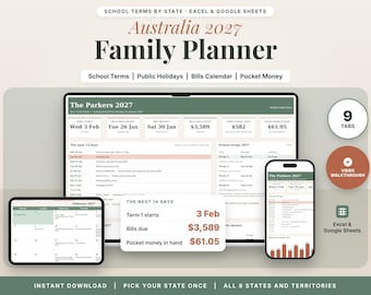 Family Planner Australia 2027, School Terms by State, Family Calendar, Bills Tracker, Pocket Money Tracker, Excel Google Sheets