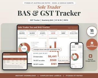BAS Spreadsheet Australia FY2026-27, Sole Trader Tax Spreadsheet, GST Tracker G1 1A 1B, Quarterly BAS Template, Excel Google Sheets