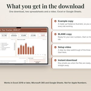 What you get in the download: an example copy with made-up data, a BLANK copy to fill in, a step-by-step setup video and an instant download, beside the real Dashboard.