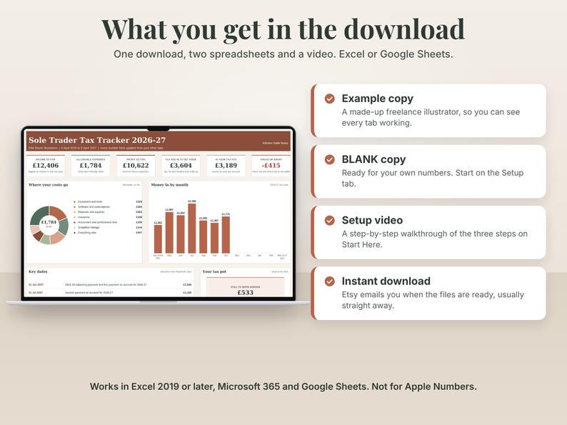 What you get in the download: an example copy with made-up data, a BLANK copy to fill in, a step-by-step setup video and an instant download, beside the real Dashboard.
