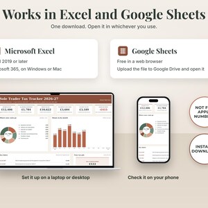 Works in Microsoft Excel 2019 or later and Microsoft 365, and in Google Sheets in a browser. Not for Apple Numbers. Set up on a laptop, check on a phone.