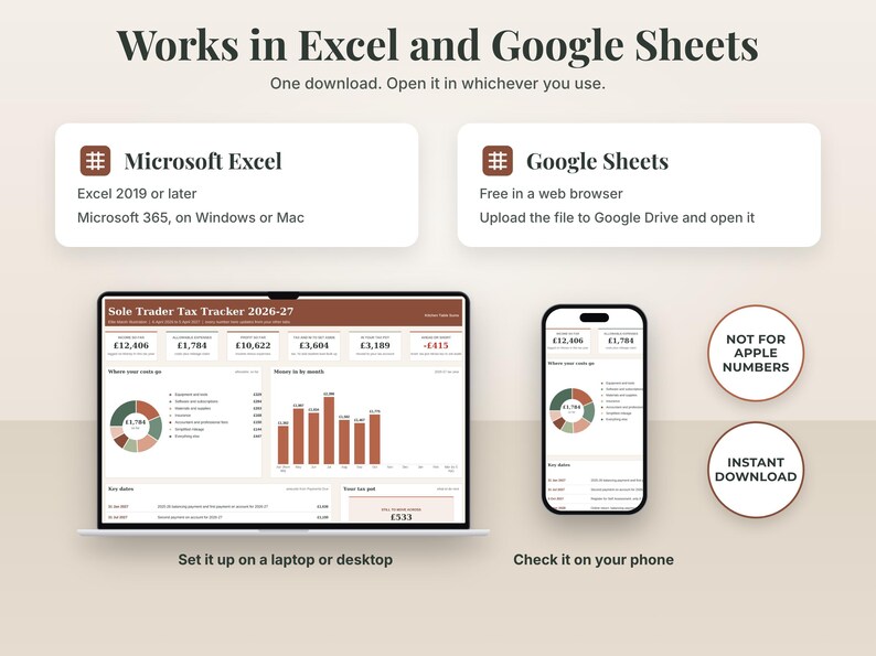 Works in Microsoft Excel 2019 or later and Microsoft 365, and in Google Sheets in a browser. Not for Apple Numbers. Set up on a laptop, check on a phone.