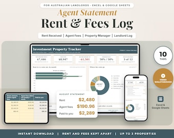 Rental Agent Statement Tracker Australia, Investment Property Spreadsheet, Rent Received and Property Manager Fees Log, Excel Google Sheets