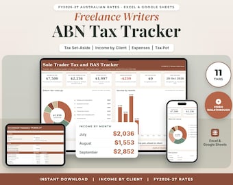 Freelance Writer Tax Spreadsheet Australia FY2026-27, Sole Trader Tax Spreadsheet, Copywriter ABN Income Tracker, Excel Google Sheets
