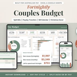 Couples Budget Spreadsheet Australia, Fortnightly Budget Planner, Payday Transfers, Split Bills, Bills Account, Excel Google Sheets