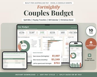 Couples Budget Spreadsheet Australia, Fortnightly Budget Planner, Payday Transfers, Split Bills, Bills Account, Excel Google Sheets