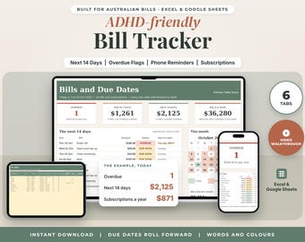 ADHD Friendly Bill Tracker Spreadsheet Australia, Due Date Tracker, Subscription Tracker, Bill Calendar, Overdue Bills, Excel Google Sheets