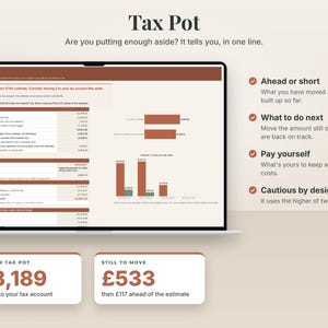 The real Tax Pot tab on a laptop with the made-up example of a freelance illustrator. Are you putting enough aside? It tells you, in one line. Numbers shown: in your tax pot £3,189, still to move £533.
