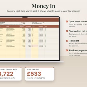 The real Money In tab on a laptop with the made-up example of a freelance illustrator. One row each time you're paid. It shows what to move to your tax account. Numbers shown: tax account should hold £3,722, still to move £533.