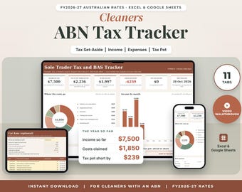 Cleaner Tax Spreadsheet Australia FY2026-27, Sole Trader Tax Spreadsheet for a Cleaning ABN, Income and Expenses, Excel Google Sheets