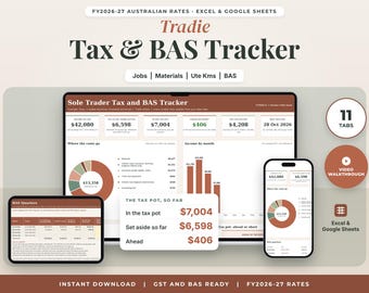 Tradie Tax and BAS Spreadsheet Australia FY2026-27, Sole Trader Tax Spreadsheet, Subbie GST Tracker, Tax Set Aside, Excel Google Sheets
