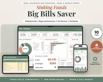 Sinking Funds Spreadsheet Australia, Big Bills Saver for Rego and Insurance, Fortnightly Budget Planner, Bill Calendar, Excel Google Sheets