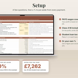 The real Setup tab on a laptop with the made-up example of a freelance illustrator. A few questions, then a % to put aside from every payment. Numbers shown: suggested set-aside 30%, extra for the year £7,262.