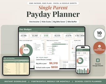 Single Parent Budget Spreadsheet Australia, Fortnightly Budget Planner, One Income, Bills and Kids Costs, Payday Plan, Excel Google Sheets