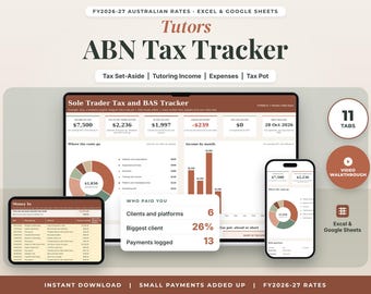 Tutor Tax Spreadsheet Australia FY2026-27, Sole Trader Tax Spreadsheet for a Tutoring ABN, Income and Expenses, Excel Google Sheets