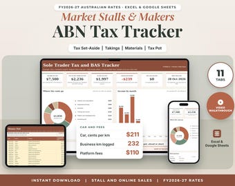 Market Stall and Maker Tax Spreadsheet Australia FY2026-27, Sole Trader Tax Spreadsheet, Handmade Seller ABN Income, Excel Google Sheets