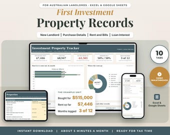 First Investment Property Spreadsheet Australia FY2026-27, Rental Records for New Landlords, Rent and Costs Log, Excel Google Sheets