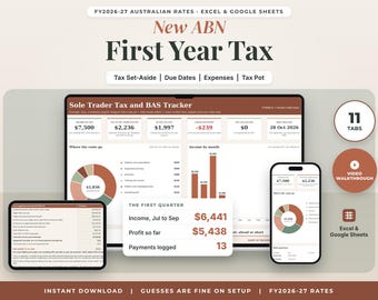 Sole Trader Tax Spreadsheet Australia FY2026-27, New ABN First Year Tax Set Aside, BAS and GST Tracker, Start Up, Excel Google Sheets