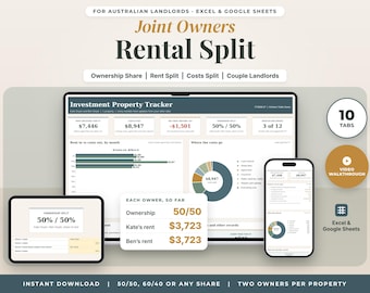 Joint Owners Rental Property Spreadsheet Australia, Investment Property Tracker, Split Rent and Costs by Owner Share, Excel Google Sheets