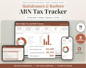 Hairdresser and Barber Tax Spreadsheet Australia FY2026-27, Chair Rental Sole Trader Tax, Salon ABN Tax Set Aside, Excel Google Sheets