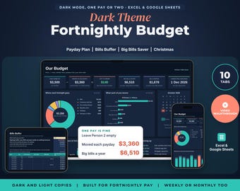 Dark Mode Budget Spreadsheet Australia, Fortnightly Budget Planner for One Income, Payday Plan, Bill Calendar, Excel Google Sheets