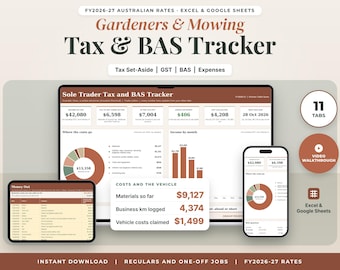 Gardener and Lawn Mowing Tax Spreadsheet Australia FY2026-27, Sole Trader Tax Spreadsheet, Garden ABN GST BAS Tracker, Excel Google Sheets