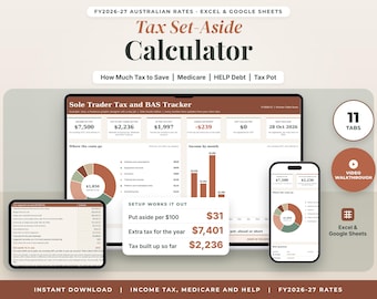 Sole Trader Tax Spreadsheet Australia FY2026-27, Tax Set Aside Calculator for ABN Income, HELP and Medicare, Tax Pot, Excel Google Sheets