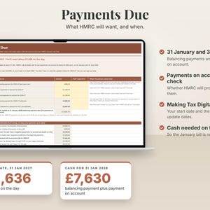 The real Payments Due tab on a laptop with the made-up example of a freelance illustrator. What HMRC will want, and when. Numbers shown: next date, 31 Jan 2027 £1,636, cash for 31 Jan 2028 £7,630.
