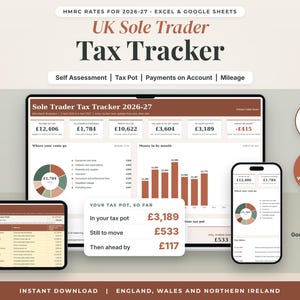UK Sole Trader Tax Tracker: the real UK Self Assessment tax tracker, 2026-27 on a laptop, tablet and phone, made-up example of a freelance illustrator. Card shows in your tax pot £3,189, still to move £533, then ahead by £117.