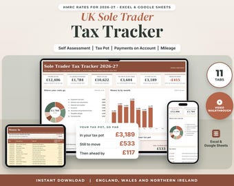 UK Sole Trader Tax Spreadsheet 2026-27, Self Employed Self Assessment Tax Tracker, Income Expenses Mileage, Class 4 NI, Payments on Account