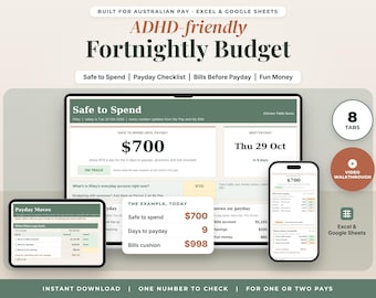 ADHD Friendly Budget Spreadsheet Australia, Fortnightly Budget Planner, Safe to Spend, Payday Checklist, Bill Reminders, Excel Google Sheets