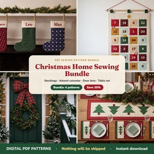 Christmas Sewing Pattern Bundle PDF, Stocking, Pocket Advent Calendar, Quilted Door Bow, Table Runner and Placemat Patterns