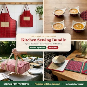 Kitchen Sewing Pattern Bundle PDF, Apron Adult and Child, Bowl Cozy, Casserole Carrier, Pot Holder and Hot Pad Patterns