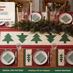 May include: A Christmas table set PDF sewing pattern featuring a table runner and placemats with green tree motifs on a cream background, bordered by red fabric. The set includes matching green and white checkered napkins on white plates.