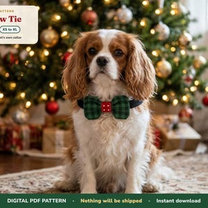 May include: A PDF sewing pattern for a pet bow tie, featuring text that reads: Pet Bow Tie, dogs + cats, XS to XL, slides onto your pet's own collar, digital PDF pattern, nothing will be shipped, instant download.