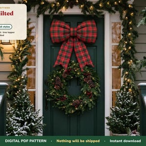 May include: A PDF sewing pattern for a Big Quilted Bow with 3 sizes and 3 tail styles. The text includes: PDF SEWING PATTERN, Big Quilted Bow, 3 sizes, 3 tail styles, Front door, wreath, tree topper, Lined, padded, quilted, DIGITAL PDF PATTERN, Nothing will be shipped, Instant download.