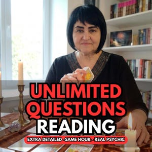 May include: A person with short black hair wearing a black top, holding a tarot card with a sun illustration. The text reads UNLIMITED QUESTIONS READING, EXTRA DETAILED - SAME HOUR - REAL PSYCHIC. Two lit candles in brass holders are present.
