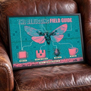 Debugging Field Guide Poster, Pink and Teal Moth Circuit Board Art, Programmer Gift for Him, Home Office or Game Room Wall Art, Landscape