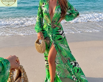 Green Tropical Maxi Dress- Women's Deep V-Neck Long Sleeve Dress, Open Back, Resort Wear