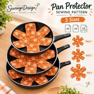 May include: A sewing pattern for pan protectors featuring three sizes. The pattern includes instructions for A0, A4, and US Letter paper. The image displays three black frying pans stacked, each containing a star-shaped orange fabric protector with a white daisy and green leaf print.
