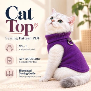 猫柄トップス型紙（PDF）、ノースリーブ、襟付き、Dリング付き、サイズ：XS～L