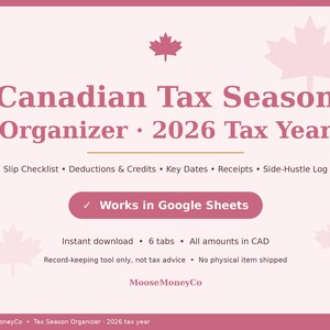 Pink Canadian Tax Season Organizer 2026 | Cute T4 T5 Slip Checklist, Receipts Log, Side Hustle Tracker | Google Sheets