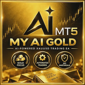 以下が含まれることがあります： 金色のグラフィックで、AI MT5 MY AI GOLD AI-POWERED XAUUSD TRADING EAというテキストが表示されています。下部にはGOLD FOCUS、AUTOMATED TRADING、NO MARTINGALEと書かれた3つの円形アイコンがあります。FINE GOLD 999.9と刻印された金塊が見えます。