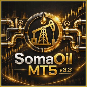 May include: A gold and black graphic featuring a central oil pump jack icon within a circular frame, surrounded by metallic pipes. The text SomaOil MT5 v3.3 is displayed in bold, metallic lettering against a background of financial charts.